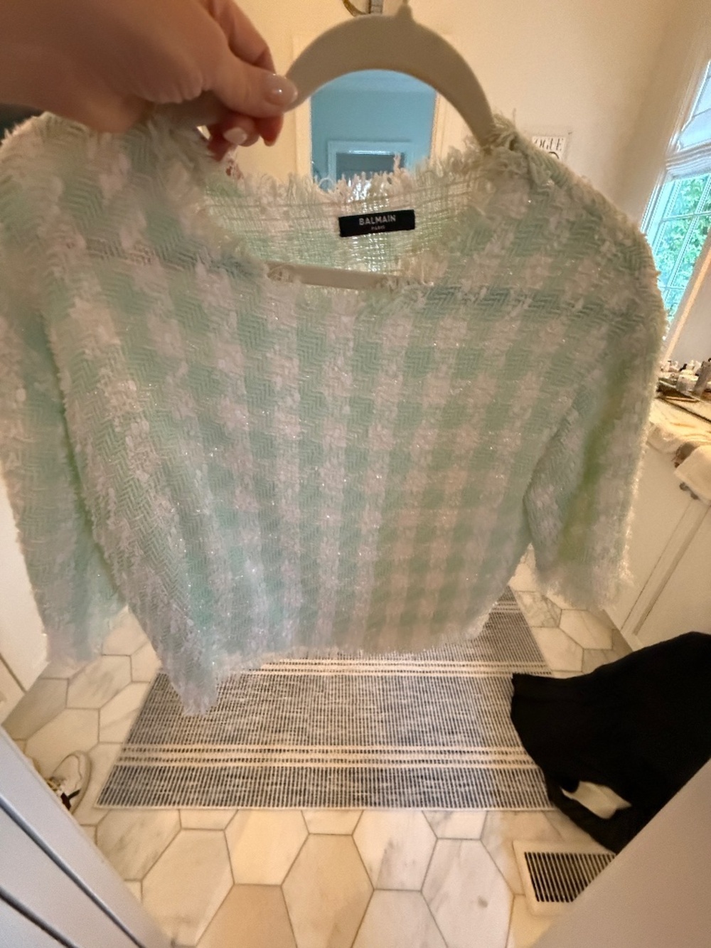 Balmain Paris Mint Green Bouclé Crop Top